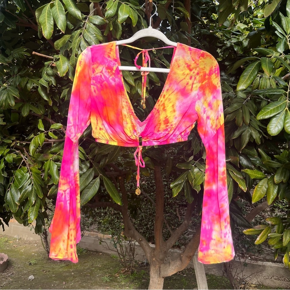 LULI FAMA pink orange yellow tie dye cutout cropped‎ bell long sleeve blouse